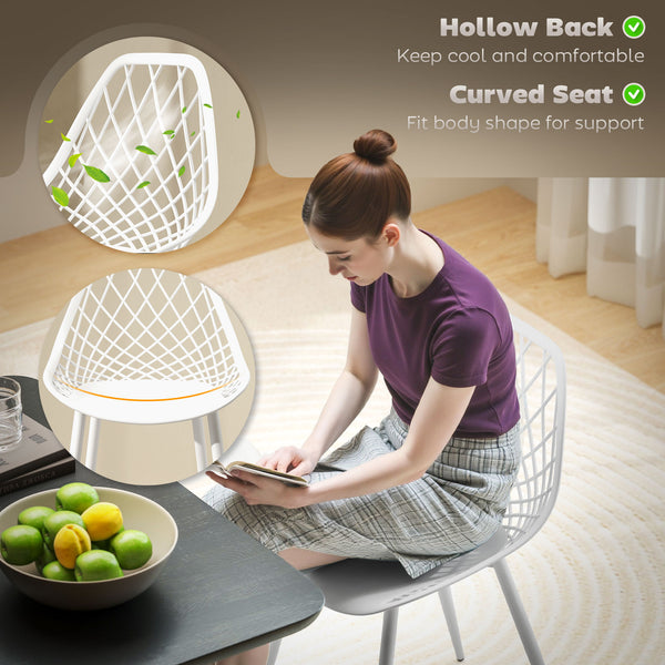 Set of 4 modern plastic dining chairs with hollow back and metal legs, white