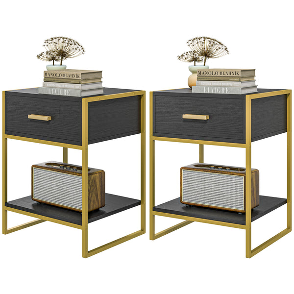 Set of 2 modern bedside tables, black and gold