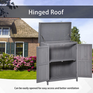 Wooden garden shed with hinged roof, 2-tier shelves and double door