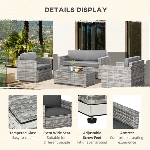 4 Pieces Patio Wicker Sofa Set, Outdoor PE Rattan Extra Wide Seat Conversation Furniture w/ Tempered Glass Table-top & Thick Padded Cushion for Garden, Backyard, Lawn, Mixed Grey