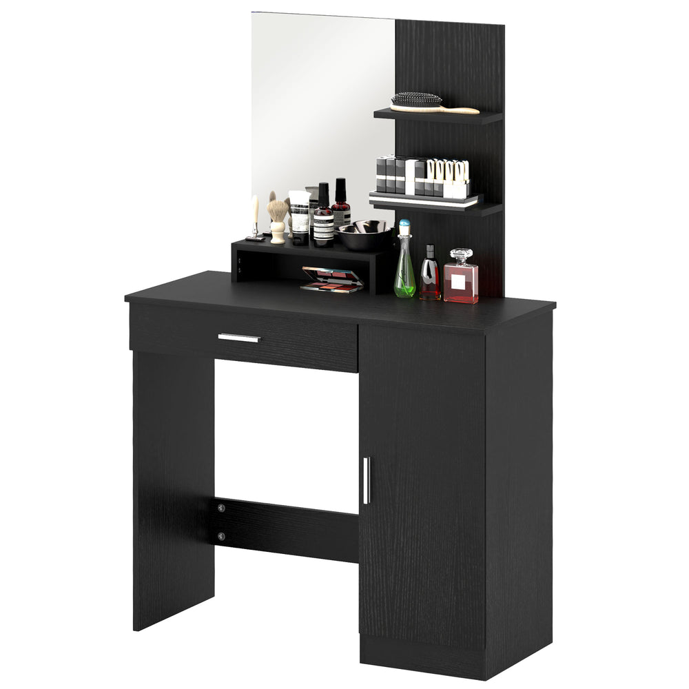 Dressing table with mirror, drawer, open compartment and shelves, black