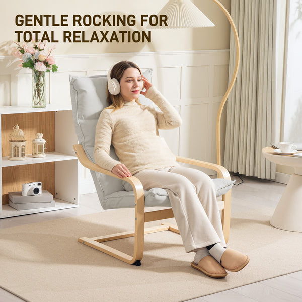 Fabric and birch wood accent chair with curved legs and armrests, cream white