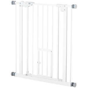 Extra Wide Pressure Fit Pet Gate with Cat Flap, White