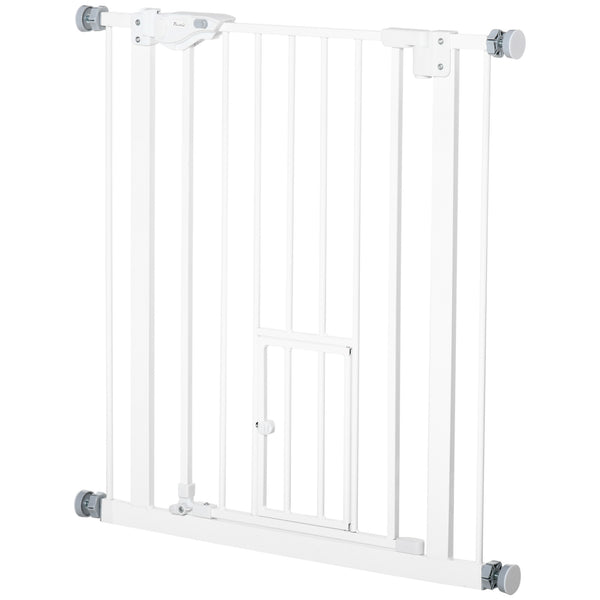 Extra Wide Pressure Fit Pet Gate with Cat Flap, White