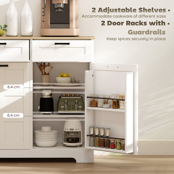 13 Gallon Tilt-Out Trash Can Cabinet with 2 Drawers, Door Shelves and Adjustable Shelves, White.