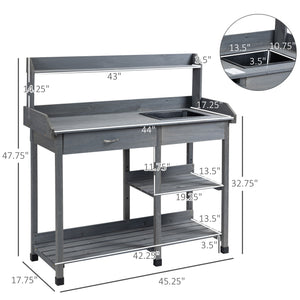 Potting table with drawer, removable sink, storage shelves and hooks