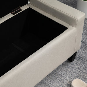 Upholstered storage ottoman bench in linen-feel fabric with folding top, beige