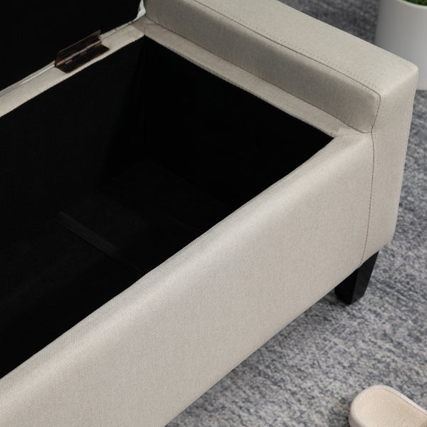 Upholstered storage ottoman bench in linen-feel fabric with folding top, beige