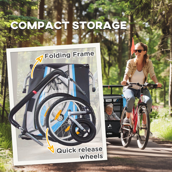 2-seater bicycle trailer with handbrake, 5-point harness, blue