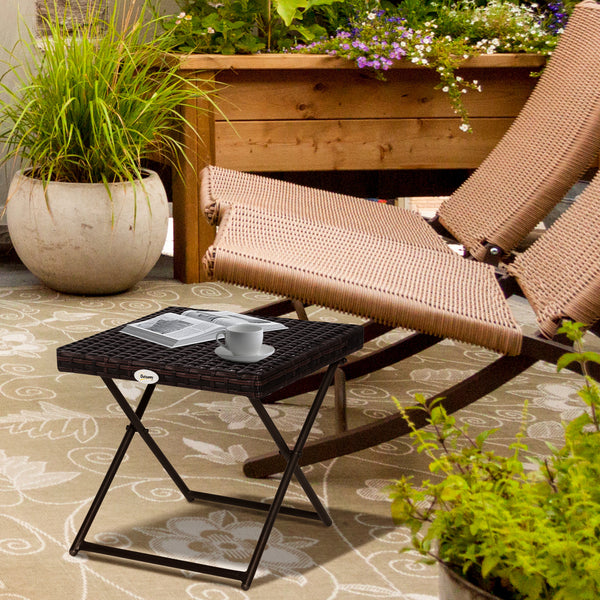 Folding garden coffee table in synthetic rattan, brown