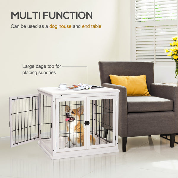 26" Wooden Dog Cage with Double Door Entrance & Simple Modern Design, White