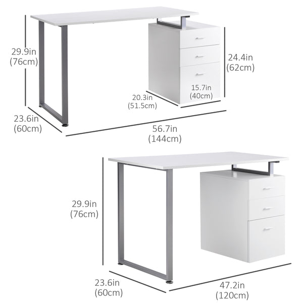 Computer desk with reversible multi-use filing drawers, white