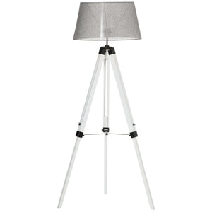 Adjustable height wooden tripod floor lamp, white and grey