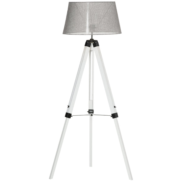 Adjustable height wooden tripod floor lamp, white and grey