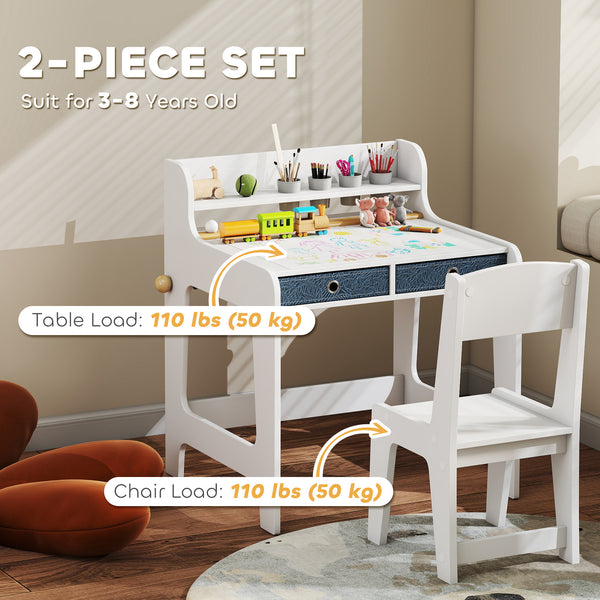 Table and chair set with storage shelf and drawers, white