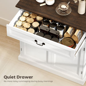 Farmhouse style buffet, thick top, soft-close drawer and adjustable shelf, white wood finish.