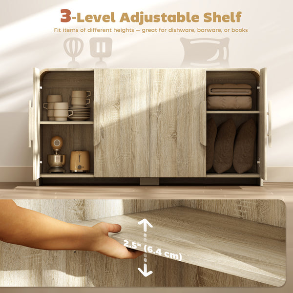 Modern storage buffet with soft-close doors and adjustable shelves, in natural wood