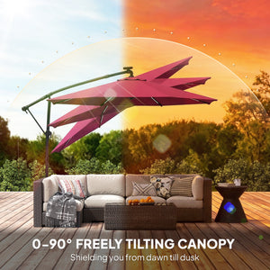 3m Cantilever Parasol with Solar LED Lighting, 360° Rotation, Tilt and Protective Cover, Burgundy