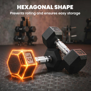 Set of 6 hexagonal dumbbells with A-frame rack, 15 to 25 lbs – Black