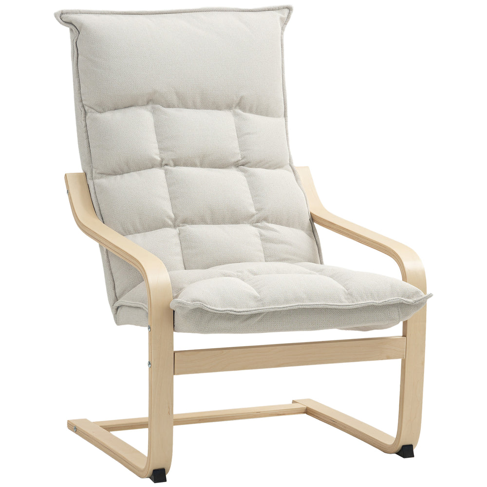Upholstered accent chair with curved legs and armrests, cream white