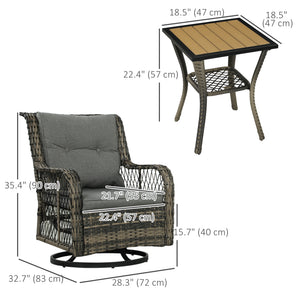 3 Piece Outdoor Bistro Set, Wicker Patio Furniture Set with Swivel Glider Chairs for Balcony, Porch, Grey