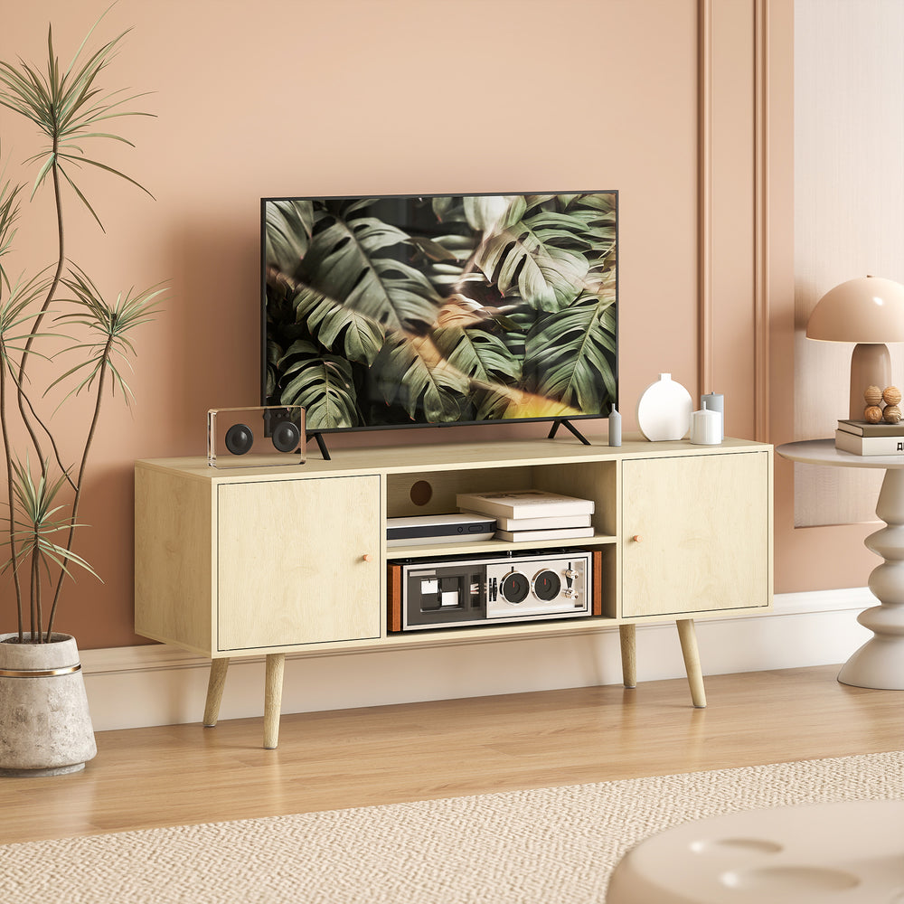 TV stand for up to 55-inch TVs with storage shelves and wooden legs