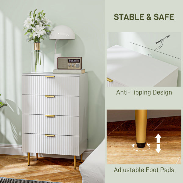 Modern 4-drawer chest of drawers with gold legs and handles, white