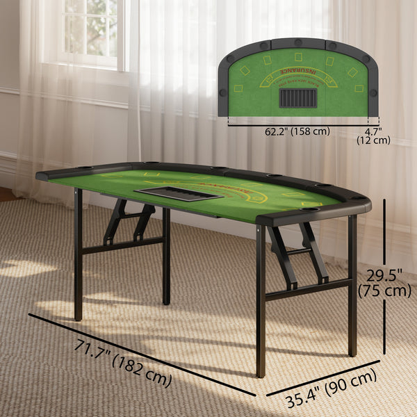 Folding poker table for 8 players, ideal for blackjack, Texas Hold'em and casino leisure, with 7 cup holders, green.