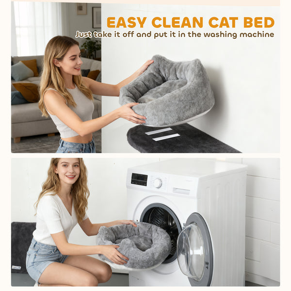 Wall-mounted cat tree with scratching post and cushion