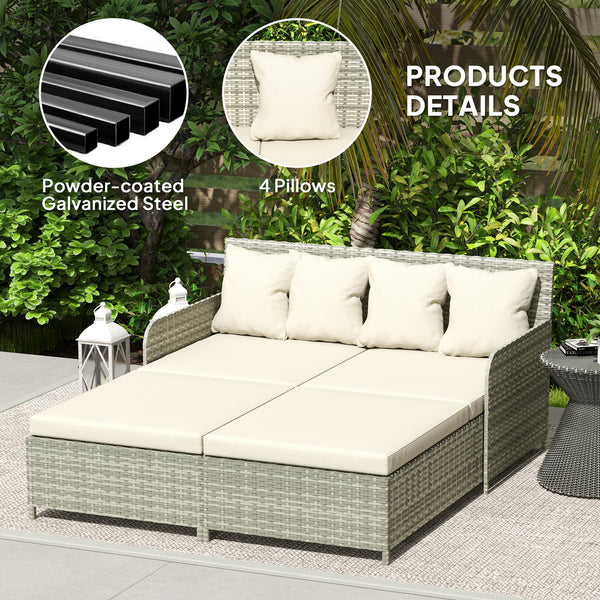 Outdoor rattan sun lounger with soft cushions, 4 pillows, curved backrest and armrests, beige