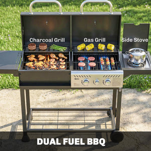 Dual fuel BBQ, charcoal and gas burners, black