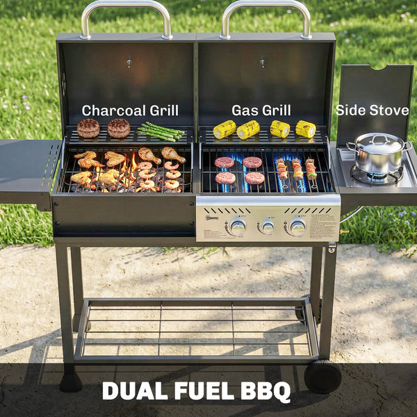 Dual fuel BBQ, charcoal and gas burners, black
