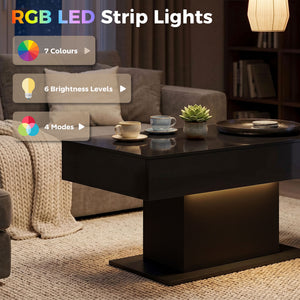 Modern coffee table with RGB LED lighting, 2 hidden drawers and high-gloss finish – Black