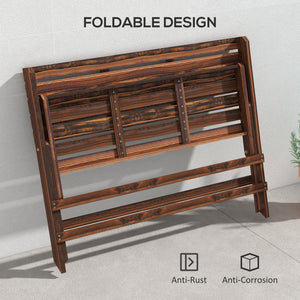 2-seater wooden outdoor bench with slatted back and seat, carbonized finish