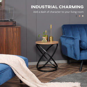 Industrial side table with round top, steel frame, light brown