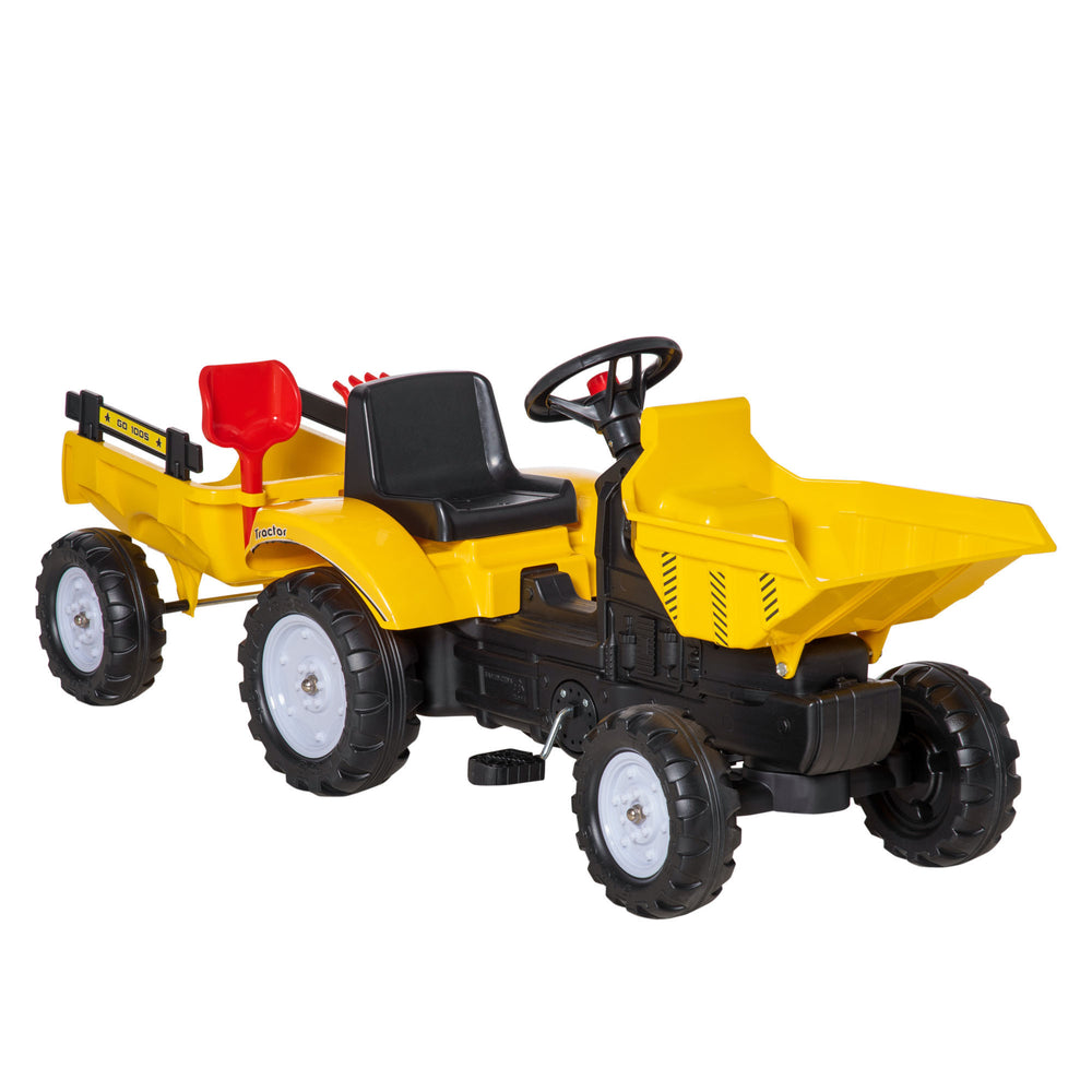 Pedal dump truck with removable trailer, yellow