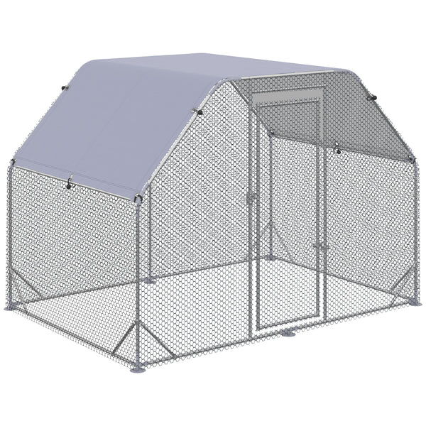 Galvanized metal chicken coop with flat roof and tarp