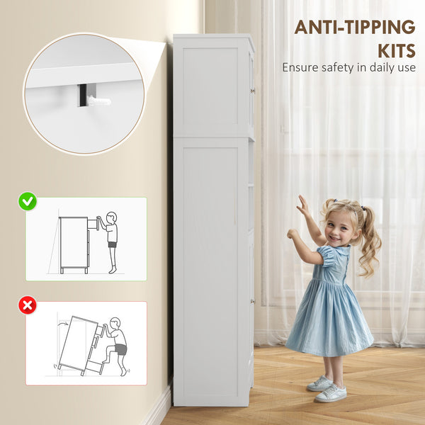 Kitchen Pantry with Glass Doors, Adjustable Shelves, Open Compartments, White