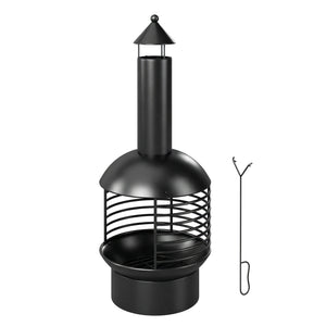 Wood-burning outdoor fireplace with poker, charcoal grate, modern design chimney, black
