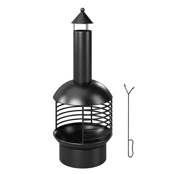 Wood-burning outdoor fireplace with poker, charcoal grate, modern design chimney, black