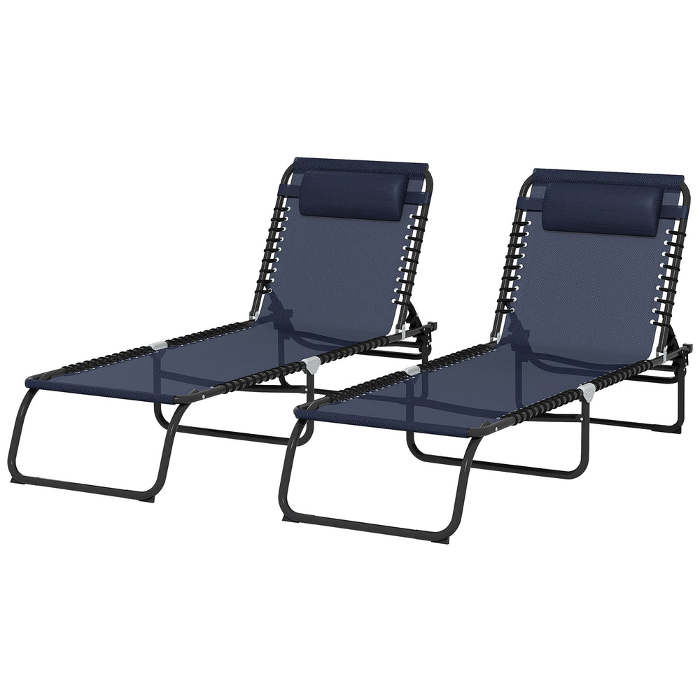 Paire de chaises longues pliantes bleu foncé avec appui-tête réglable et dossier inclinable pour jardin, terrasse ou plage