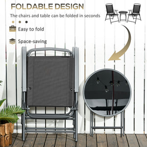 3-piece folding bistro set with mesh chairs and glass table, black