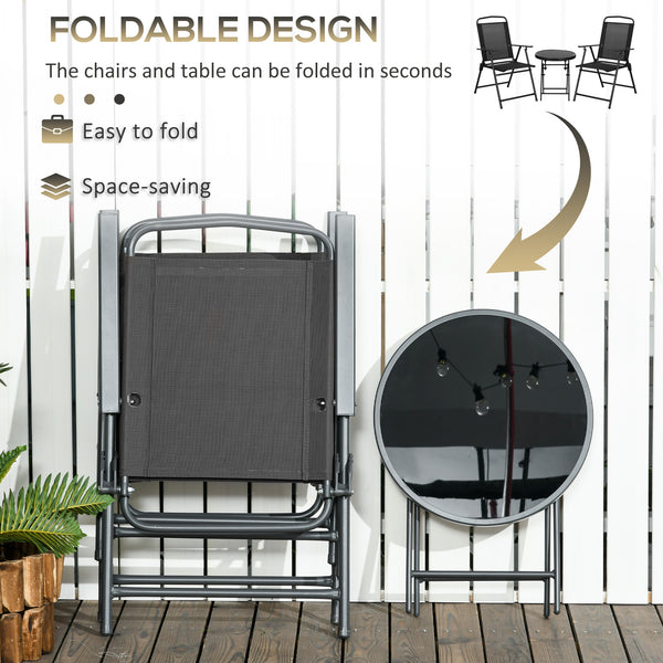 3-piece folding bistro set with mesh chairs and glass table, black