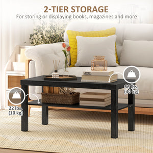 Rectangular 2-tier coffee table with storage shelf, black