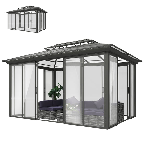 10' x 14' outdoor gazebo with rigid roof, aluminum veranda with sliding doors, double roof, dark gray
