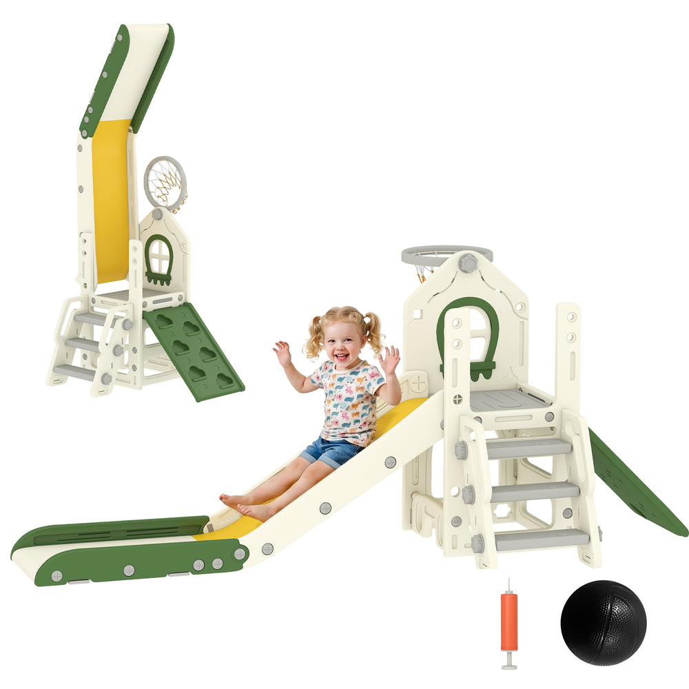 5-in-1 Foldable Toddler Slide for 1-3 Year Olds with Ladder, Climbing Wall, Basketball Hoop, Storage, and Basketball, Cream.