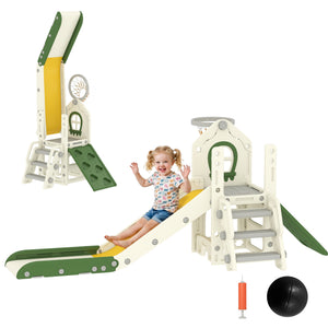 Qaba Foldable 4-in-1 Toddler Slide with Climber, Basketball Hoop, Storage Space, and Basketball for Ages 1-3 Years, Cream