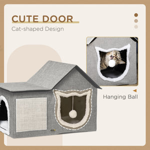 Cat house with soft cushion, scratching post, hanging ball and double entrance, grey.