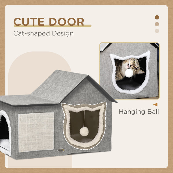Cat house with soft cushion, scratching post, hanging ball and double entrance, grey.