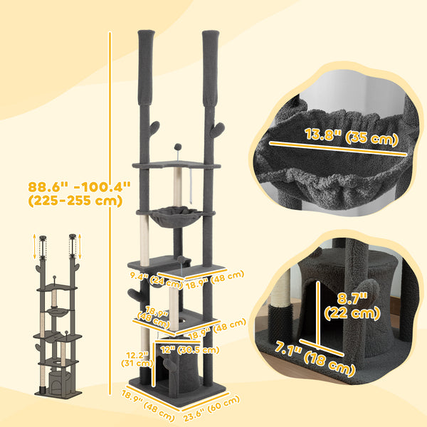 Cat tree 226-254 cm, ceiling height with scratching posts, grooming brush and niche, gray